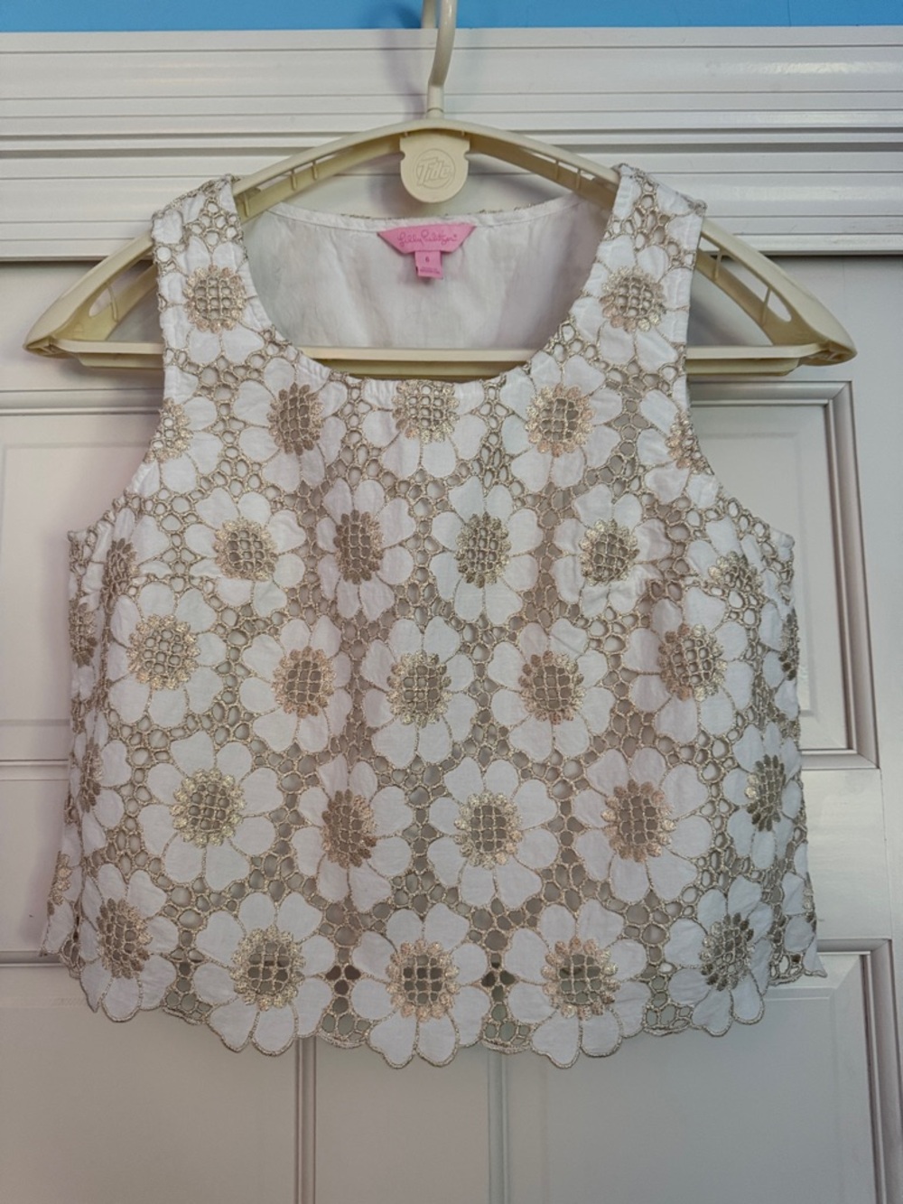 Lilly Pulitzer White Crop Tank with Gold Floral Lace